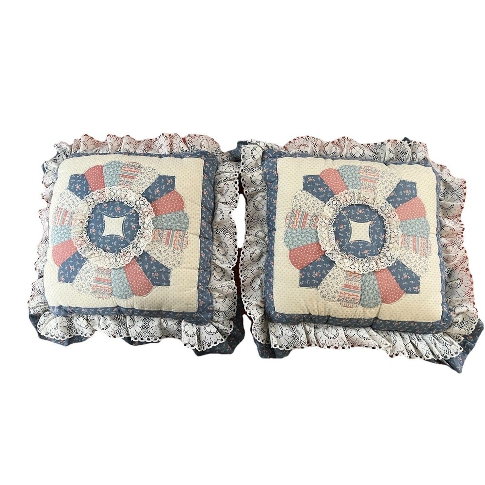 Lot of 2 Vintage Matching Blue Quilted look Patchwork Pillows w/ Ruffles/Lace